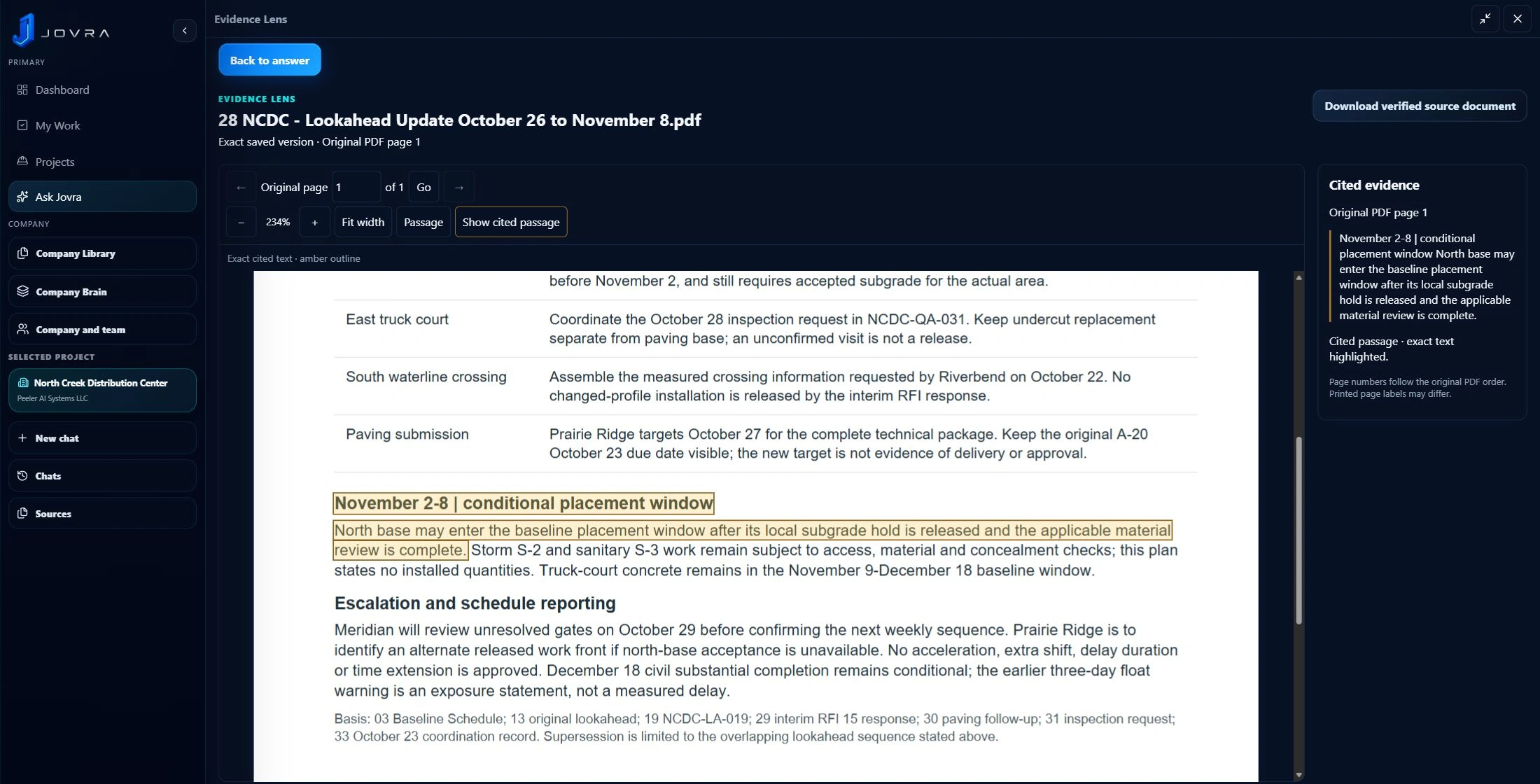 Evidence Lens highlights the local subgrade release and material-review conditions on page 1 of the North Creek sample lookahead PDF.