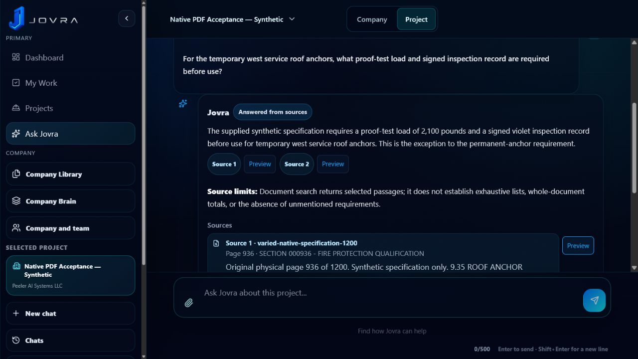 Actual saved Jovra answer for the synthetic 1,200-page specification: 2,100 pounds, a signed violet inspection record and the explicit temporary-anchor exception, with Source 1 and Source 2 controls.