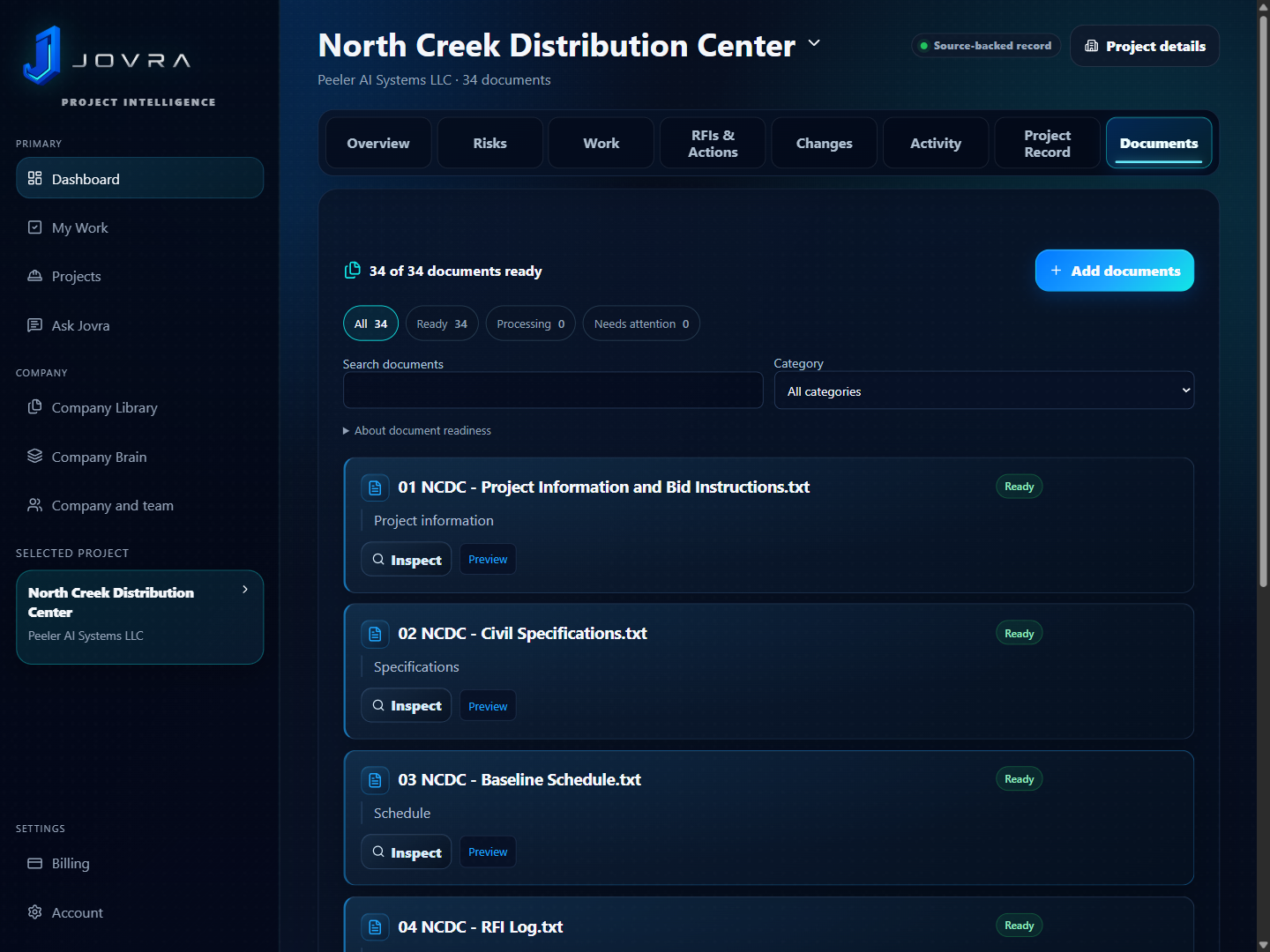 Jovra Documents for North Creek Distribution Center, showing 34 ready documents and the project navigation.